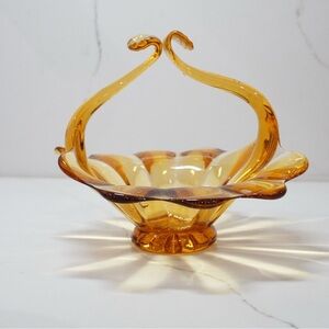 Vintage Amber Glass Basket Bowl
